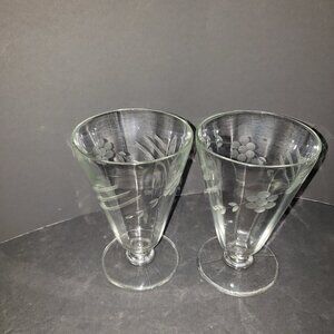 Vintage Etched Glass Footed Iced Tea / Parfait Set 2 Glasses